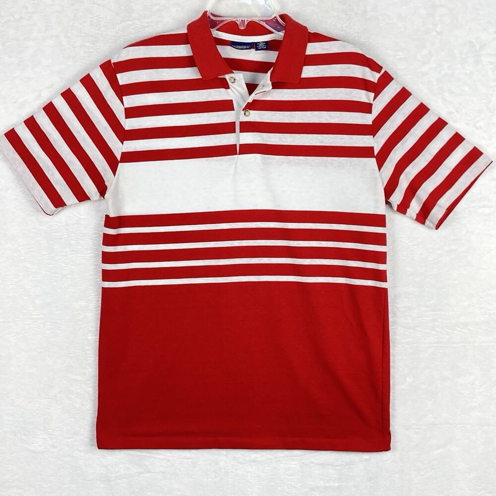 VTG 80s Mervyns Mens Collection Polo Shirt L Red White Stripe Classic Preppy USA